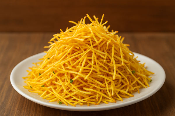 a plate of noodles on a wood table
