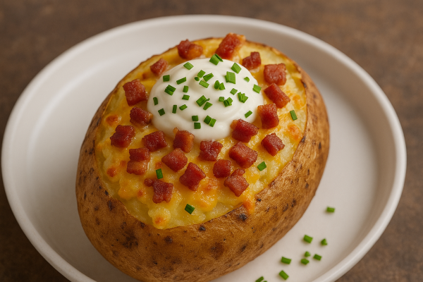 a baked potato with bacon and cheese on top